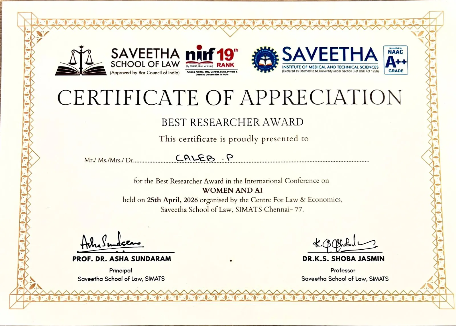 Certificate of Appreciation